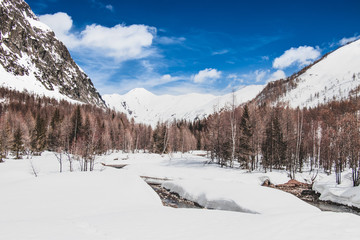 Fototapeta na wymiar River in the snowy valley - Mont Blanc