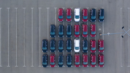 Car Dealer Logistics Center, new cars parked. Drone view.