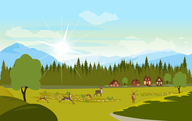Vector of a forest mountains wilderness landscape and farmhouses