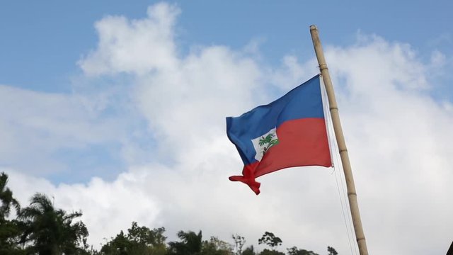 Haiti National Flag Blowing In Wind On Bamboo Pole