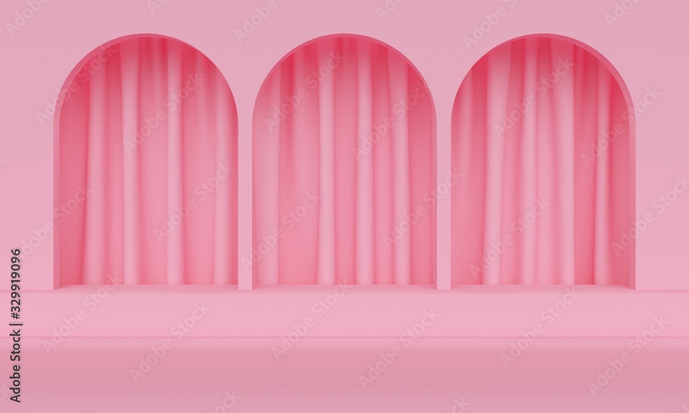 Poster Pink abstract background with a row of windows and curtains. Backdrop design for product promotion. 3d rendering