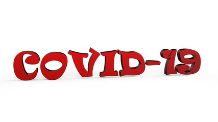 3D text `COVID-19` covered by model of virus molecule of green and red color. Concept of warning text and infographic related to pandemic situation in Wuhan city, China. 3D render