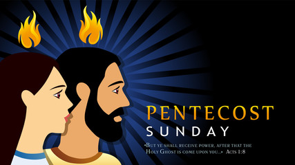 Pentecost Sunday card with man and women in flame. Template banner for Pentecost day as the Apostles praying with tongues of fire above them and text Acts 1:8. Vector illustration