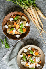 Grilled Jerusalem artichoke, eggplant, carrot, parsley root and kohlrabi with goat cheese