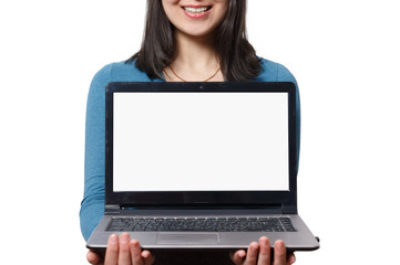 Young businesswoman showing a laptop over the white