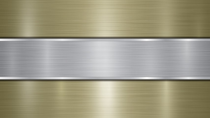 Background consisting of a golden shiny metallic surface and one horizontal polished silver plate located centrally, with a metal texture, glares and burnished edges