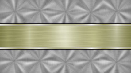 Background consisting of a silver shiny metallic surface and one horizontal polished golden plate located centrally, with a metal texture, glares and burnished edges