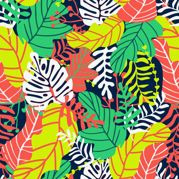 Vector seamless pattern with tropical flowers and leaves. Cartoon style. Modern colorful texture for kifs wallpaper, textile, fabric design. 