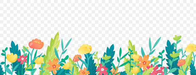 Bright floral border on transparent background.