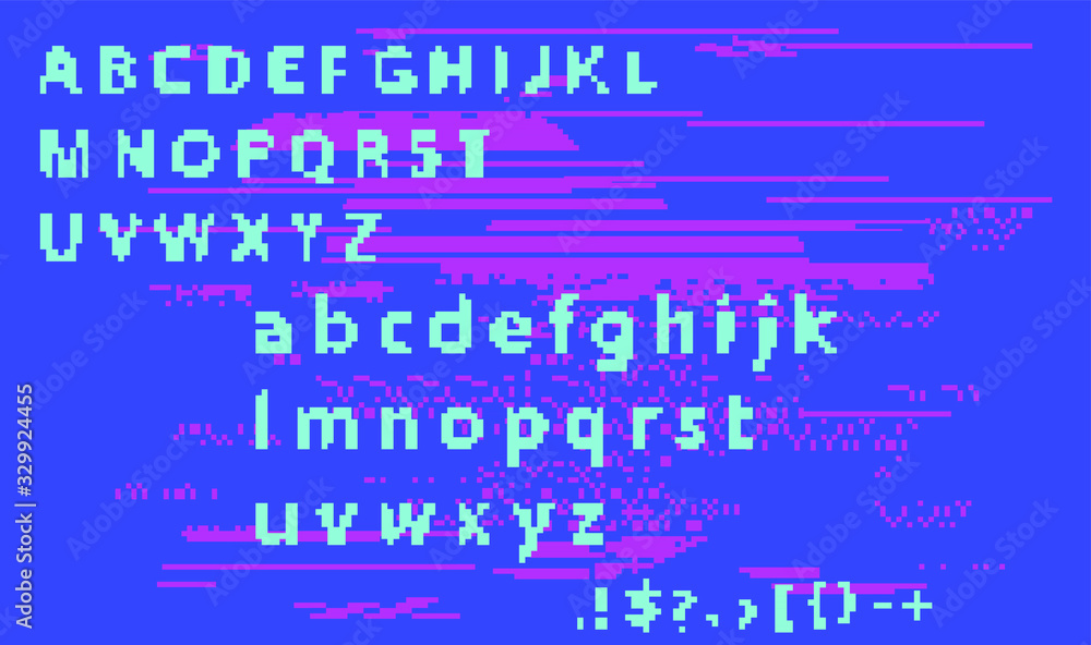 Poster Pixel alphabet letters and punctuation marks. Modern stylish font or typeface for headline in style of 80's retro video game, vintage computer typography.