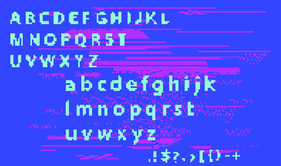 Pixel alphabet letters and punctuation marks. Modern stylish font or typeface for headline in style of 80's retro video game, vintage computer typography.