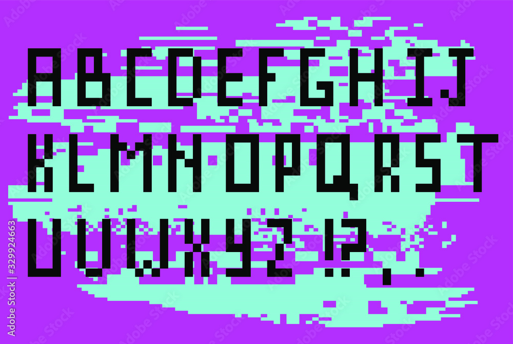 Poster Pixel alphabet letters and punctuation marks. Modern stylish font or typeface for headline in style of 80's retro video game, vintage computer typography.