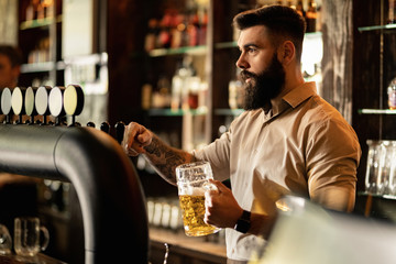 Young bartender pouring beer in beer glass while working at bar counter.