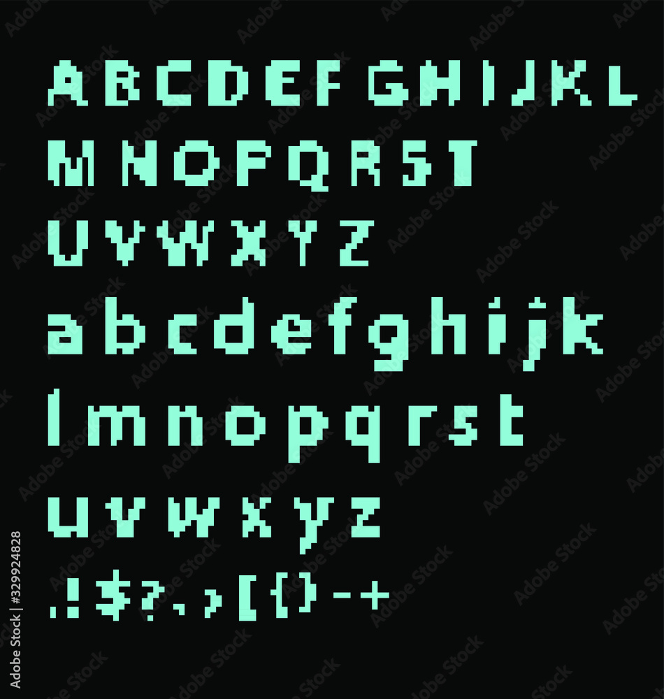 Poster Pixel alphabet letters and punctuation marks. Modern stylish font or typeface for headline in style of 80's retro video game, vintage computer typography.