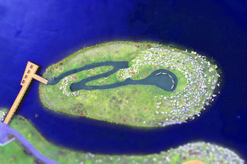 Top Down Aerial of Small Island Connected by Dock