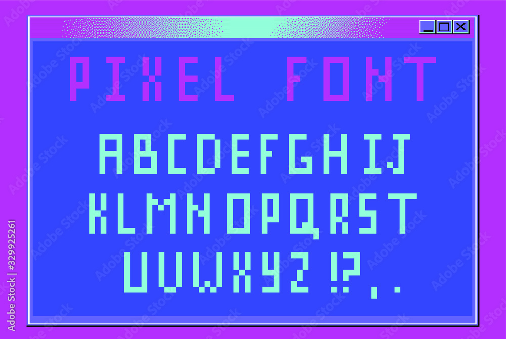 Poster pixel alphabet letters and punctuation marks. modern stylish font or typeface for headline in style 