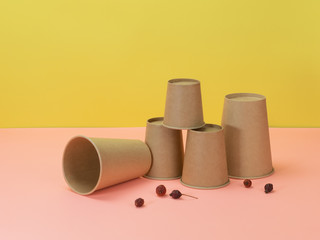 Eco-friendly utensils and organic berries of wild rose on pink and yellow background.
