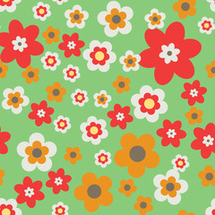 Simple flat flowers seamless pattern. Colorful blossom randomly placed on green background. Abstract stylized florets wrapping floral texture. Vector eps8 illustration.