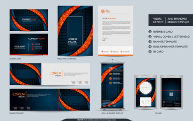 Modern navy orange stationery mock up and visual brand identity set.
