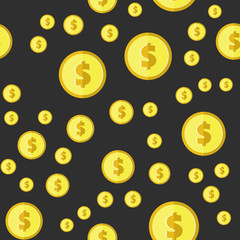 Abstract golden coins with dollar sign seamless pattern. Wrapping background with repeating USA currency symbols in gold colors randomly placed on black. Vector eps8 illustration.