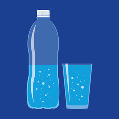 Clear plastic bottle and glass with fresh sparkling water. Flat icon isolated on blue background. A healthy lifestyle concept. Stylized vector eps10 illustration with transparency.