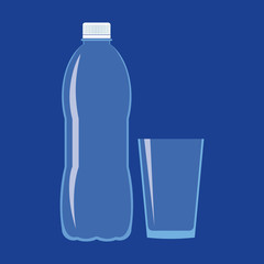 Empty transparent plastic bottle and clear unfilled glass. Flat icon isolated on blue background. Stylized vector eps10 illustration with transparency.