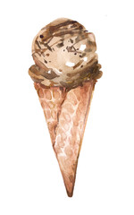 Chocolate flavored watercolor ice cream in a cone isolated on white background. Colorful sweet summer ice dessert clipart perfect for menu design or poster.