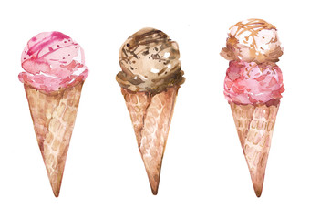 Set of tasty watercolor ice cream in a cone Isolated on a white background. Chocolate, caramel and strawberries. Colorful sweet summer ice dessert clipart perfect for menu design or poster.