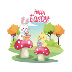 happy easter seasonal card with chick and rabbit in fungus