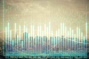 Forex graph on city view with skyscrapers background multi exposure. Financial analysis concept.