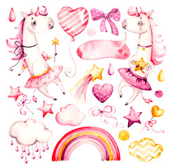 Cute unicorn baby girl. Watercolor vector nursery cartoon magic animals, pink clouds, rainbow. Adorable Nurseries princess set isolated on white background. Handpainted watercolour baby animal clipart