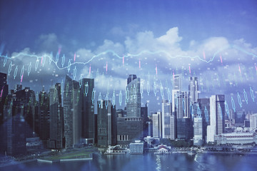 Naklejka premium Forex chart on cityscape with skyscrapers wallpaper multi exposure. Financial research concept.