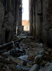 The ruins of an old brick abandoned house look like after the bombing
