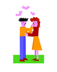 a guy and a girl are drawn in a cartoon style, they are standing nearby and hugging. and hearts fly out of them