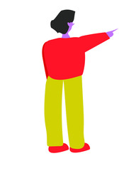 a girl in a red jacket indicates something