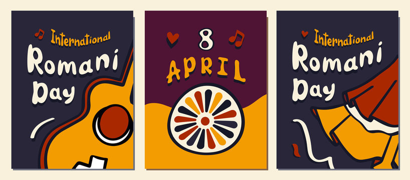 International Romani Day set. 3 posters or greeting cards with digital draw lettering, gutar, wheel and skirt hemline. Concept of romanipen and gypsies. 