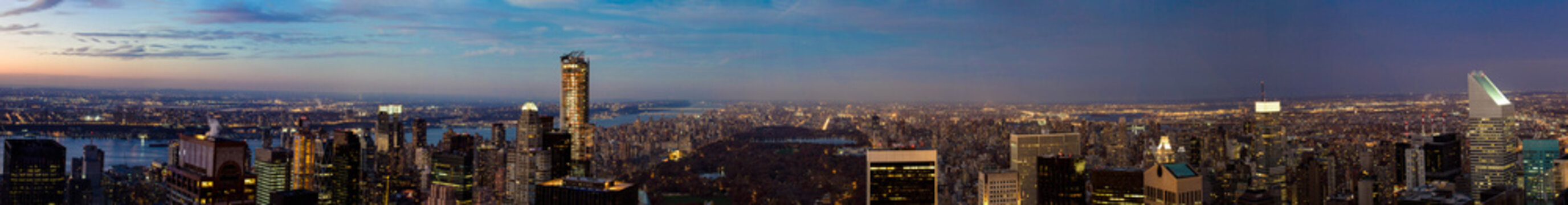 New York City Skyscrapers And Central Park Large Panoramic View At Sunset