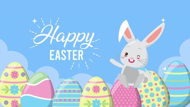 happy easter animated card with eggs painted and rabbit