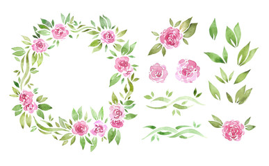Big set of elements with roses and wreath