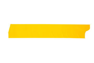 yellow tapes on white background. Torn horizontal and different size yellow sticky tape, adhesive pieces.