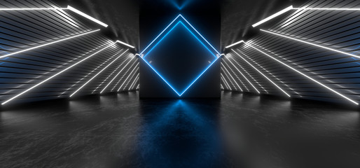 Naklejka premium Dark tunnel with bright blue neon lights on a black background. 3d rendering image.