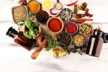 Spices and herbs on table. Food and cuisine ingredients with pepper