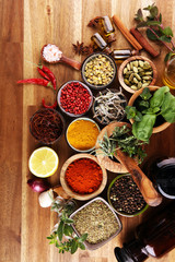 Spices and herbs on table. Food and cuisine ingredients with pepper