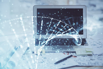Desktop computer background and DNA drawing. Double exposure. Science concept.