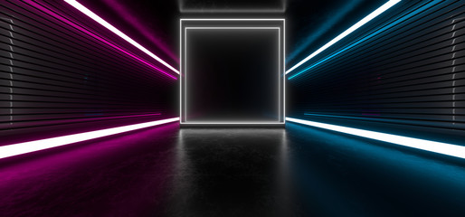 Dark tunnel with bright colored neon lights on a black background. 3d rendering image.