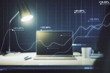 Multi exposure of stats data illustration on modern laptop background, computing and analytics concept