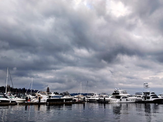 boats docked at the Lake Washington boat docks on a cloudy, overcast day