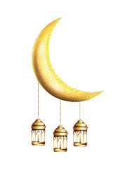 Fototapeta na wymiar ramadan kareem golden lanterns hanging with crecent moon