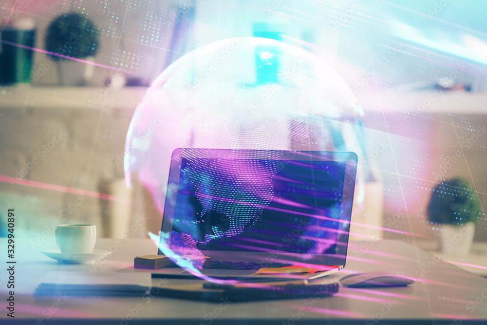 Aufkleber computer on desktop in office with technology theme hologram. multi exposure. tech concept.