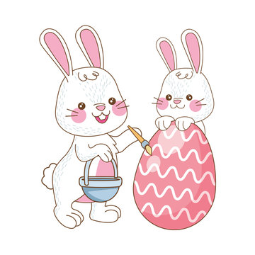 cute little rabbits with eggs painted easter characters
